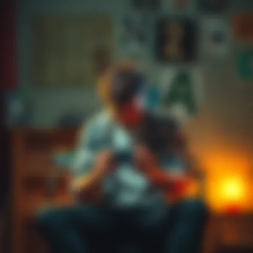 A gamer looking disappointed while holding a video game controller, surrounded by outdated game boxes and a dimly lit room