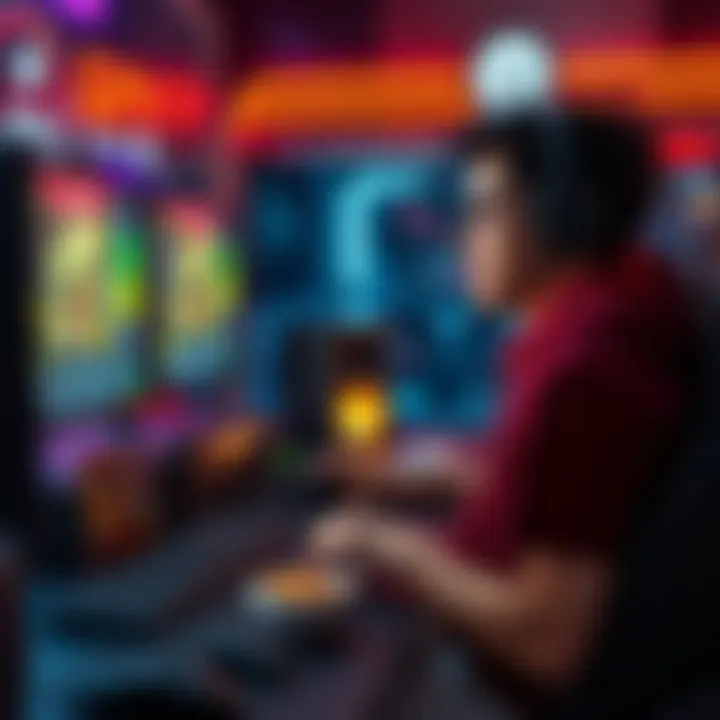 Gamer sitting for long hours A gamer seated in front of a computer screen, focused on gameplay, with snacks nearby and a clock showing time passing, highlighting the sedentary lifestyle associated with gaming.