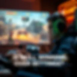 A skilled gamer playing Rampart in a competitive match, focusing on their controls and strategy, with a game screen in the background showing action and results.