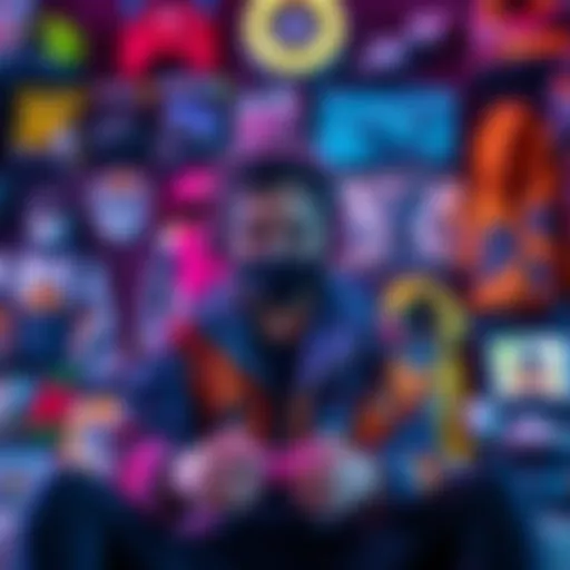 A girl gamer proudly displays her collection of colorful game skins for Overwatch and Fortnite, surrounded by gaming gear and friends.
