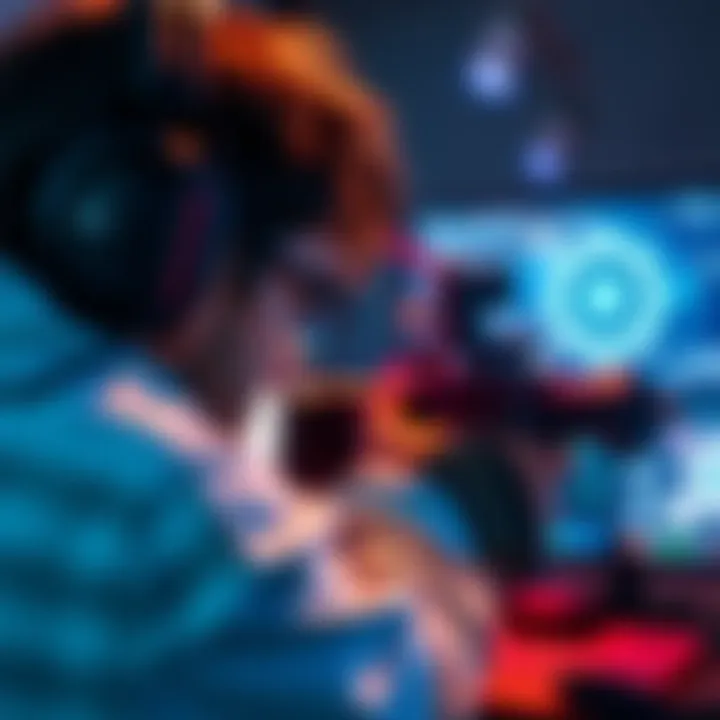 Gamer with Smooth Aim A focused gamer aiming at a target on a screen, showing concentration and skill in a competitive gaming environment.