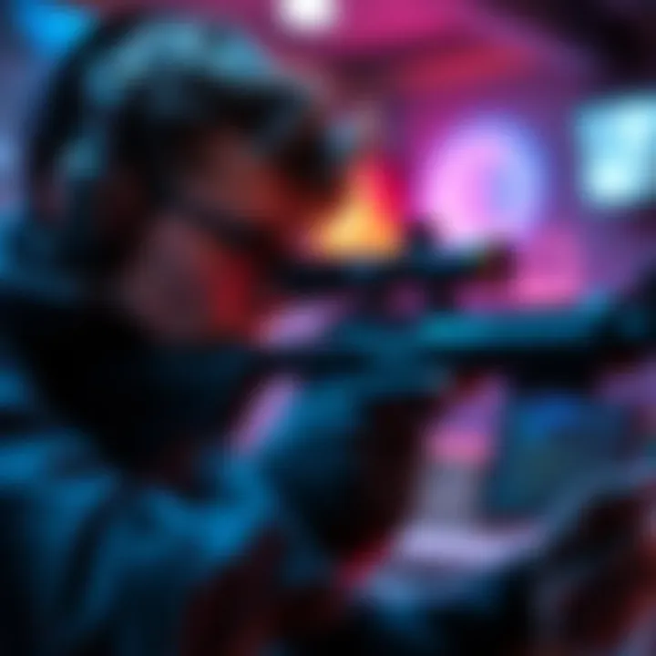 A gamer using a sniper rifle, focusing on a target in a game setting, showing intense concentration and emotion.