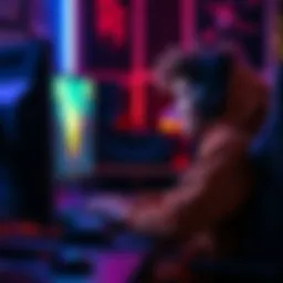 A gamer focused on a computer screen, surrounded by a calm gaming setup, showcasing a positive atmosphere during a solo match