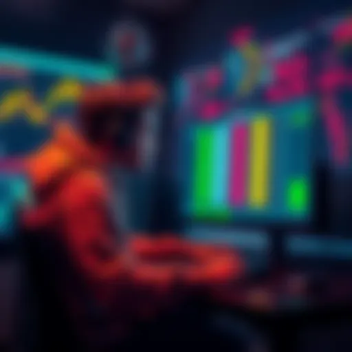 A gamer sits at a desk, staring at a computer screen displaying game statistics and rankings, showing frustration and contemplation.