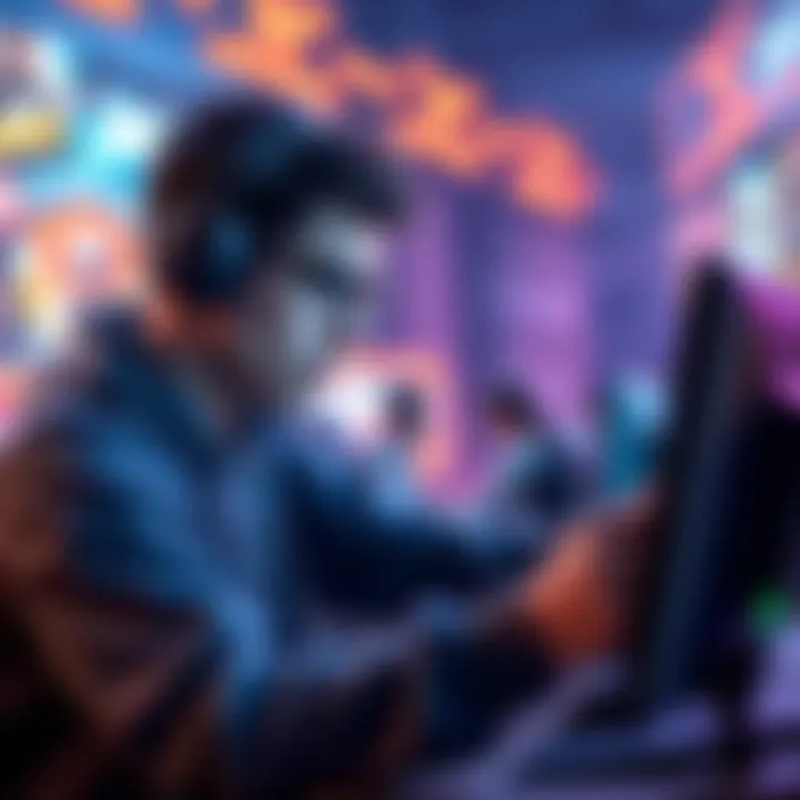 A gamer focuses on managing their tactical skills before launching an ultimate ability in a vibrant gaming environment