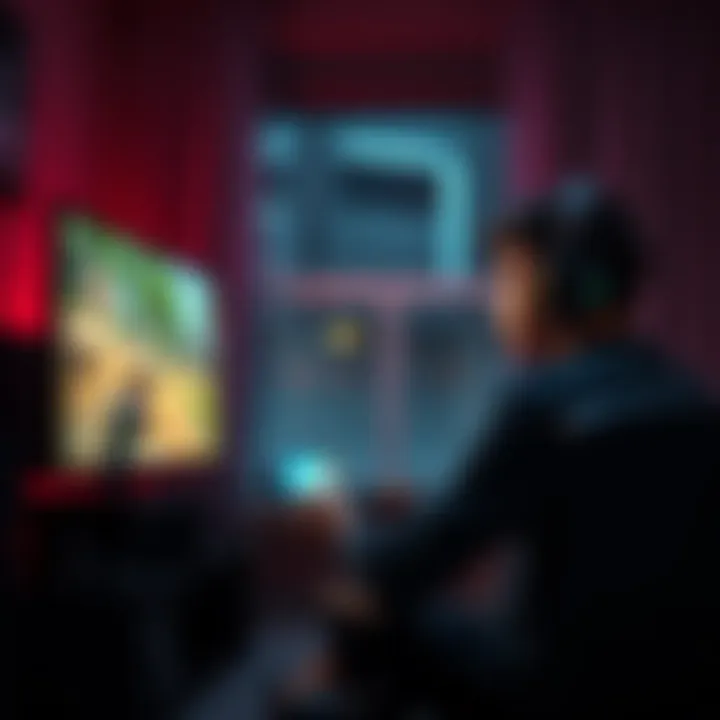 Gamer struggling with accuracy A gamer sitting in front of a screen, looking frustrated while aiming in a shooting game. The room is dimly lit, and the gaming setup includes a controller and a headset.