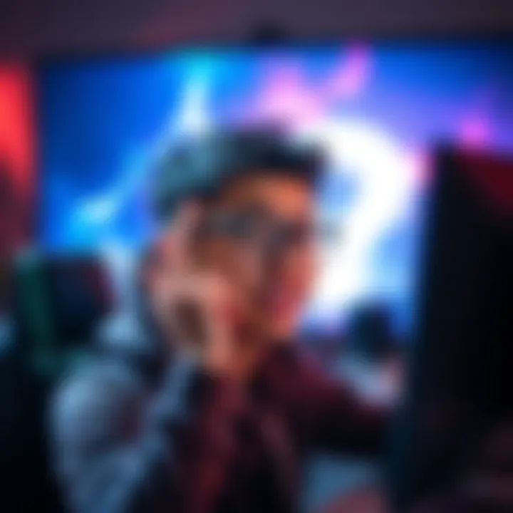 A person wearing glasses, frustrated while playing Destiny 2 on a computer, with bright visual effects on the screen