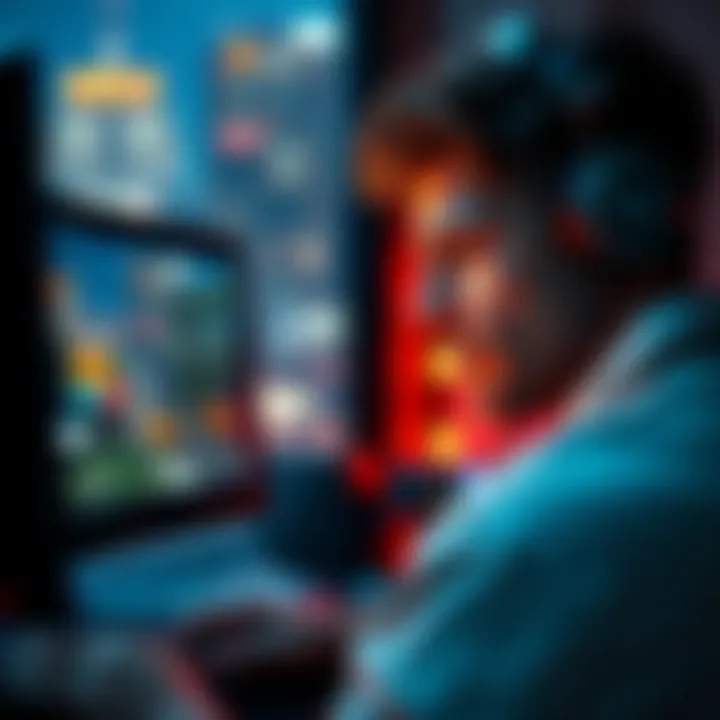 A gamer focused on a computer screen, looking frustrated while playing a challenging mission in a game set in Brooklyn