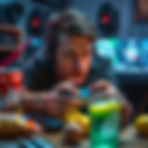 Gamer struggling with a controller A focused gamer looks frustrated while trying to hit critical hits in a video game, surrounded by snacks and drinks in their gaming setup.