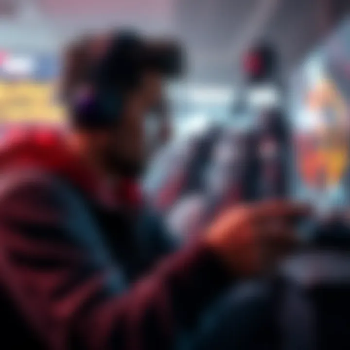 Gamer struggling to counter attacks A person focused on a video game, looking frustrated while trying to counter an attack on the screen