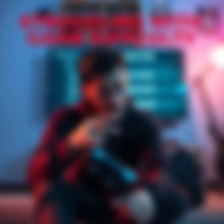 A frustrated gamer sits with a game controller in hand, showing a mix of frustration and boredom with the game options on screen, expressing struggle between Hardcore and Standard modes.