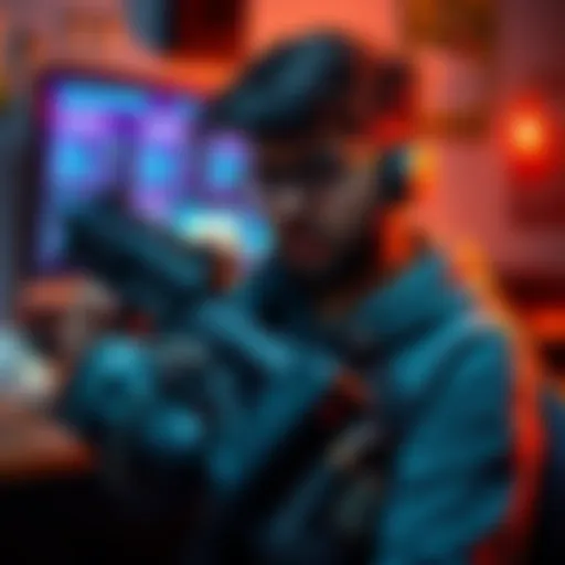 Gamer struggling with low-power guns A frustrated gamer holds a low-power gun while looking at a screen showing a free roam gameplay interface