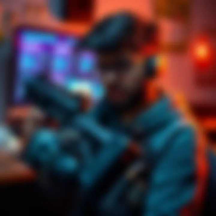 Gamer struggling with low-power guns A frustrated gamer holds a low-power gun while looking at a screen showing a free roam gameplay interface