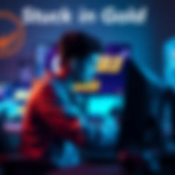 A player sits in front of a computer, looking frustrated while playing Overwatch, displaying the Gold rank on the screen