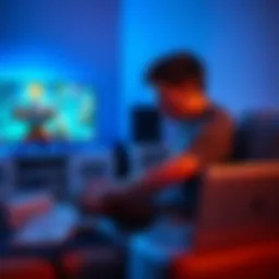 A person sitting on a couch, looking frustrated while playing a video game on a TV, with game guides opened on a laptop nearby.