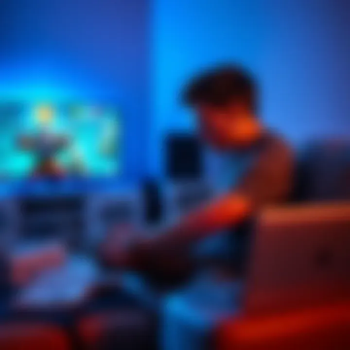 A person sitting on a couch, looking frustrated while playing a video game on a TV, with game guides opened on a laptop nearby.