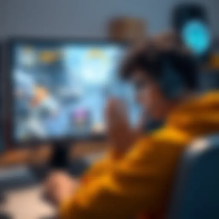 A frustrated player in front of a computer screen, showing Overwatch gameplay with first-person perspective. They appear focused and concerned about the character actions on screen.