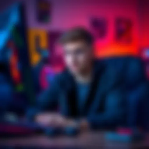 A gamer looking confused in front of a computer with gaming gear around.