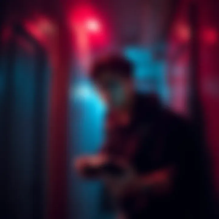 A gamer trapped in a dark mansion after a glitch, looking confused while surrounded by fire doors and spectral elements.