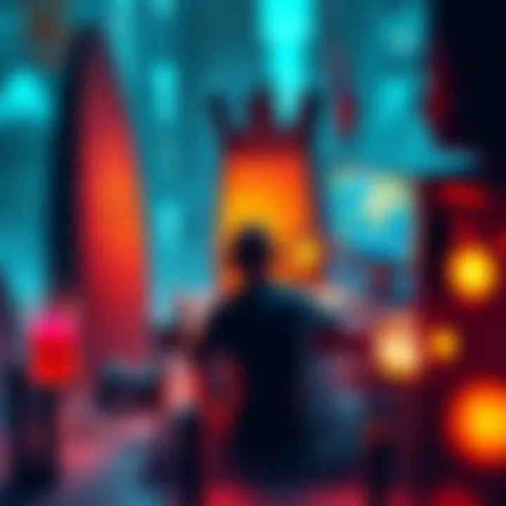 A gamer sits frustrated in a virtual tower, looking at a quest map on their screen, surrounded by gaming items, showing their struggle to escape.