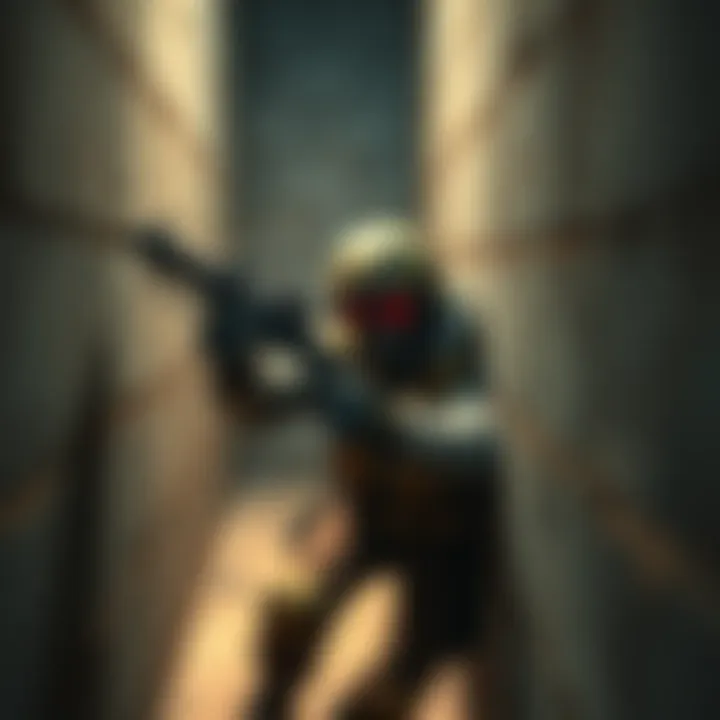 Gamer stuck in wall with grenades A gamer character trapped inside a wall, holding grenades and looking for a way out