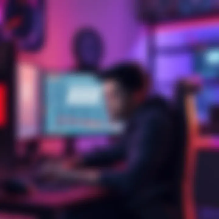 A gamer sitting at a desk, looking frustrated while playing ZZZ and Wuwa on a computer, with visible performance graphs on the screen showing frame drops.