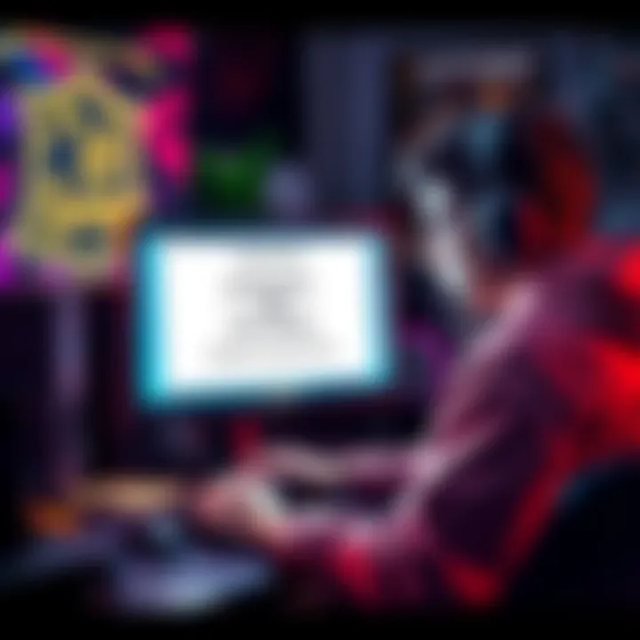 A gamer sitting at a computer, looking frustrated while reading a suspension notice on the screen. The background shows gaming posters and a cluttered desk.