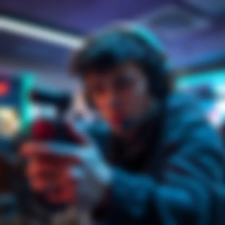 Gamer with suspicious aim A player with a focused expression using a gaming controller, showing potential signs of cheating with accuracy in a diamond lobby