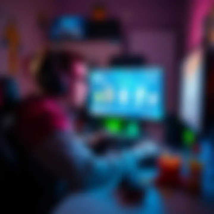 Gamer searching for symbols in a game A person sitting in front of a computer screen, intensely focused on finding symbols in a video game, surrounded by snacks and gaming gear.