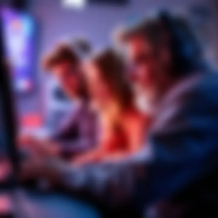An older player engaged in gaming, focused on Overwatch, with a younger person nearby