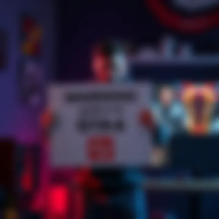 A gamer holding a sign warning about GTA 6 spoilers stands in front of a gaming setup with a computer and console, creating a scene of tension among gaming fans.
