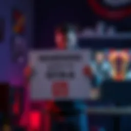 Gamer Threatens Spoilers for GTA 6 A gamer holding a sign warning about GTA 6 spoilers stands in front of a gaming setup with a computer and console, creating a scene of tension among gaming fans.