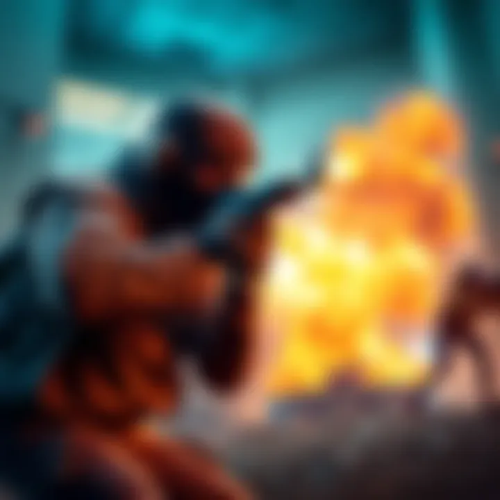 A gamer throwing grenades to defend against hidden opponents in a hostile game environment