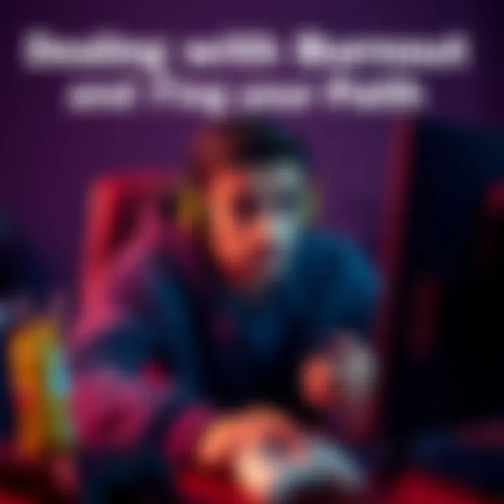 A gamer looking fatigued while playing a video game, with a console and snacks nearby, indicating burnout