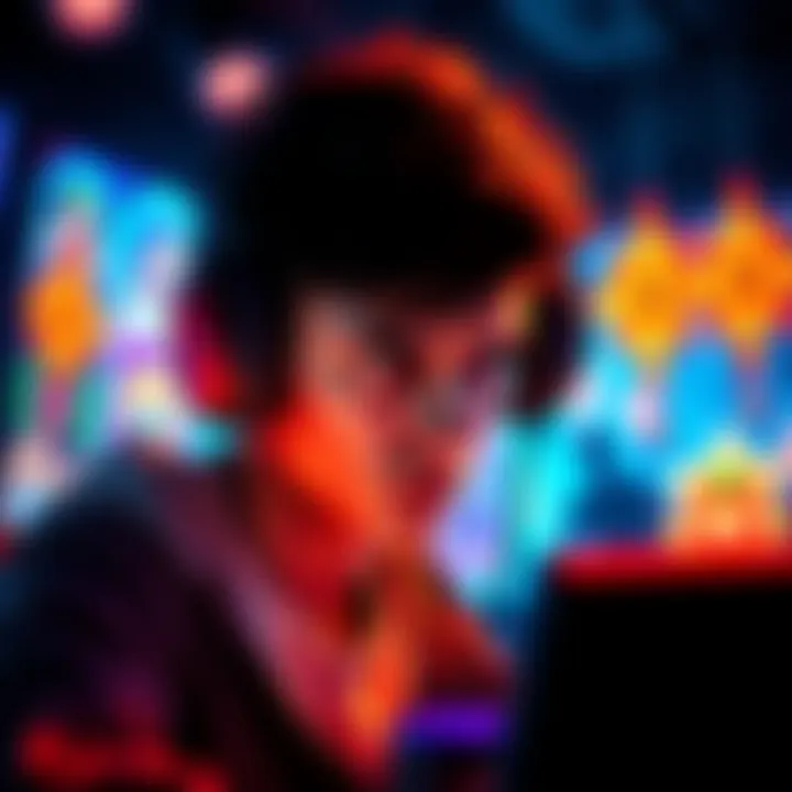 Gamer in Tower of Illusions A gamer focused on the Tower of Illusions gameplay with headphones on, showing signs of frustration, and colorful game graphics in the background.