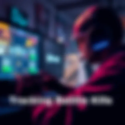 A gamer focused on their screen, displaying stats of kills while playing a first-person shooter game