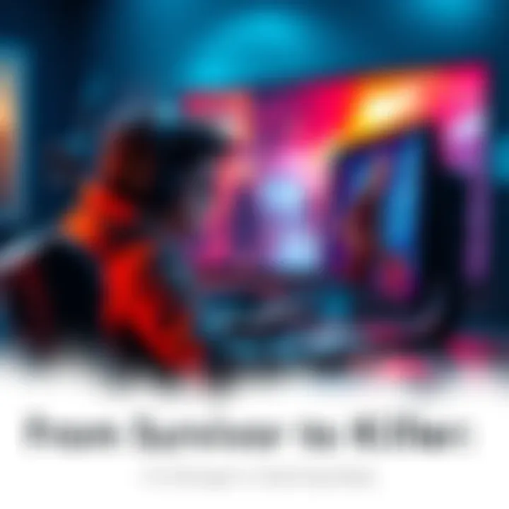 A gamer sitting at a computer, focused on playing a killer character in an intense video game. The screen shows a vivid game scene with suspenseful action.