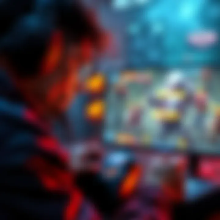 A gamer focuses on a screen showing a character setting traps in a strategy game