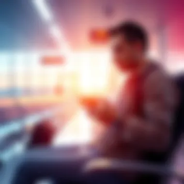 A person playing a handheld gaming console while sitting in an airport terminal, maintaining their GamePass streak during travel.