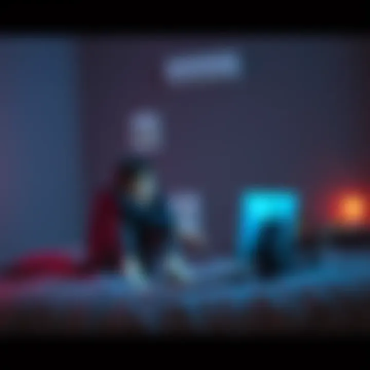 A gamer sitting on a bed, looking stressed and reflecting on their gaming experience, with a dimly lit room creating a somber atmosphere.