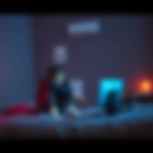 Gamer looking troubled A gamer sitting on a bed, looking stressed and reflecting on their gaming experience, with a dimly lit room creating a somber atmosphere.