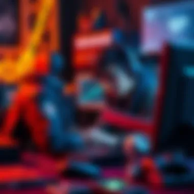 A gamer looking at a computer screen with GEARS E DAY issues, surrounded by gaming gear and tools for fixing problems