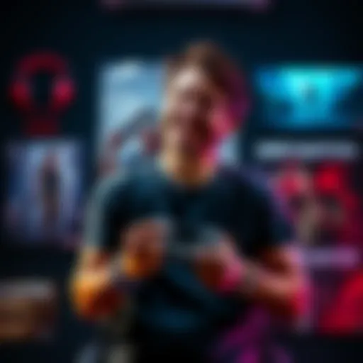 A gamer smiles joyfully while holding a gaming controller, surrounded by posters of Uncharted I, II, and III.