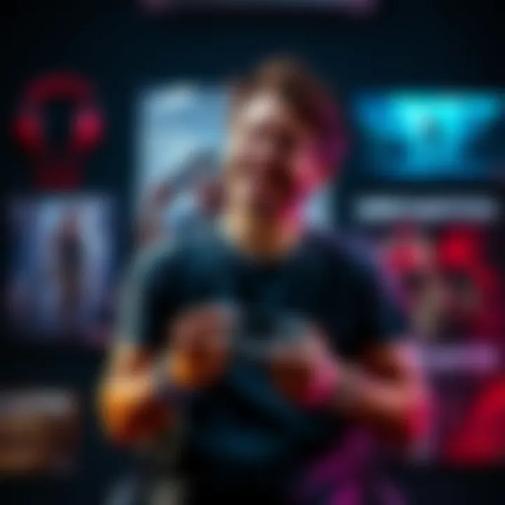 Gamer Celebrating Uncharted Completion A gamer smiles joyfully while holding a gaming controller, surrounded by posters of Uncharted I, II, and III.