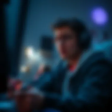 A gamer showing signs of discomfort and nausea while playing a video game in a dark room