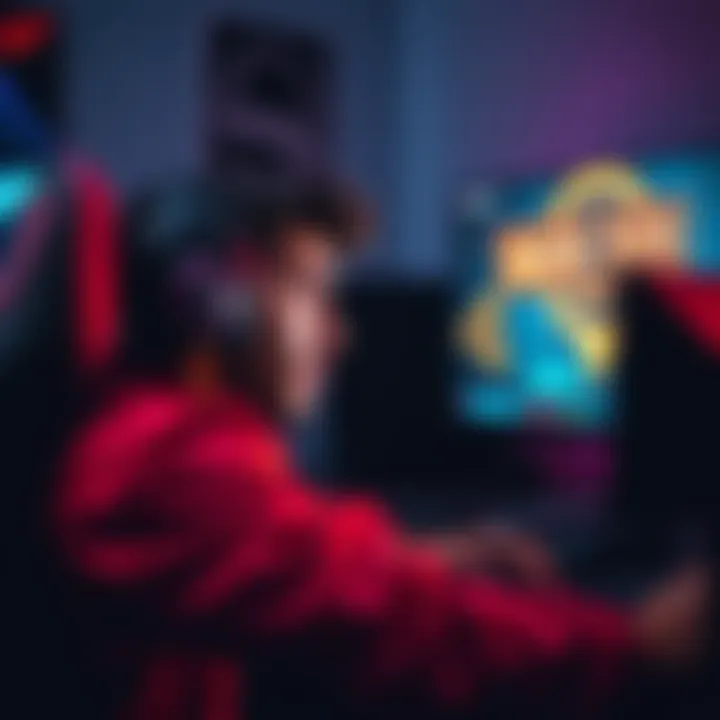 Competitive gamer looking frustrated while playing on a gaming setup, with a computer screen showing a ban notification in the background.