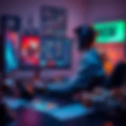 A gamer sits at a computer, creating unique character builds in an RPG, with colorful graphics and strategy notes around