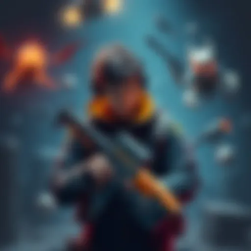 A focused gamer holding a unique weapon, surrounded by challenging game elements, preparing for an intense gaming session