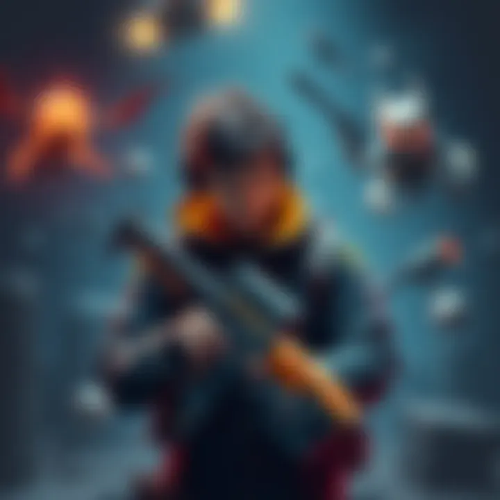 A focused gamer holding a unique weapon, surrounded by challenging game elements, preparing for an intense gaming session