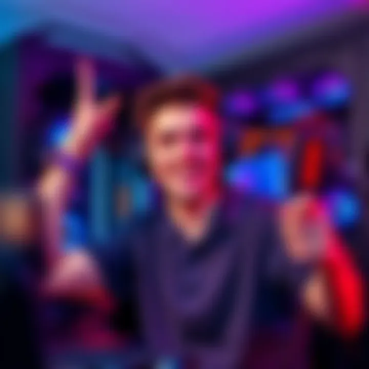 A gamer celebrating with a high-end PC setup, showcasing new RAM and GPU components.